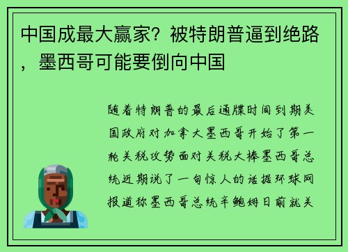 中国成最大赢家？被特朗普逼到绝路，墨西哥可能要倒向中国