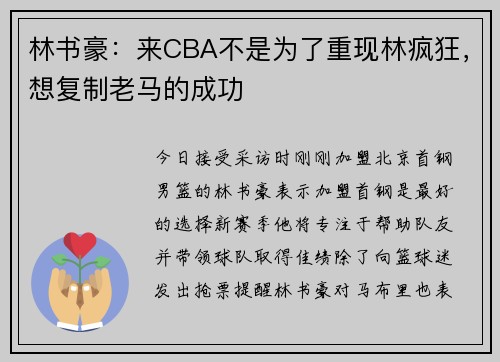 林书豪：来CBA不是为了重现林疯狂，想复制老马的成功