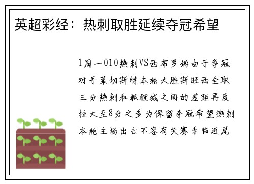 英超彩经：热刺取胜延续夺冠希望